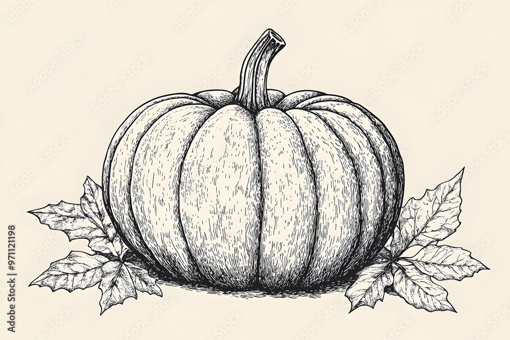 Hand Drawn Pumpkin with Leaves Illustration