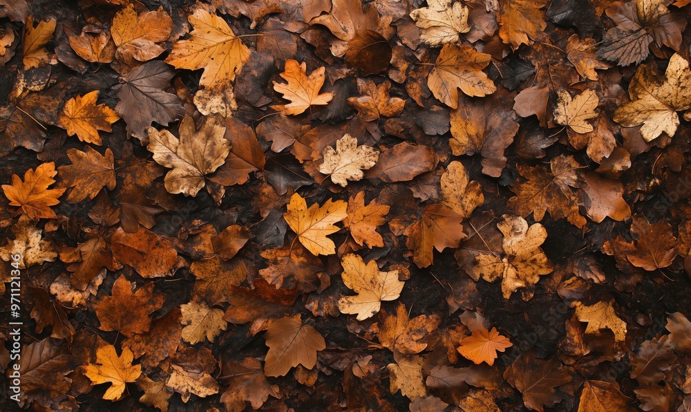 A close up of a pile of autumn leaves. The leaves are brown and scattered across the ground. Concept of autumn and the beauty of nature's changing colors A close up of a pile of autumn leaves. The leaves are brown and scattered across the ground. Concept of autumn and the beauty of nature's changing colors