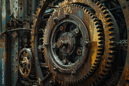 Close up of large rusty gears in an abandoned factory, showing their age and wear