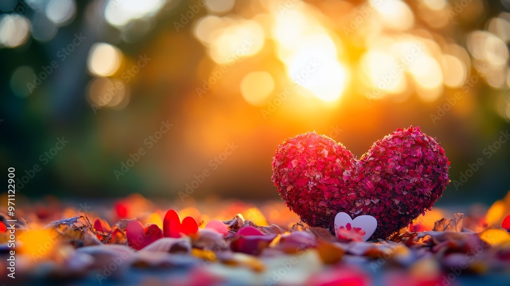 A red heart made of flowers placed on the ground, surrounded by colorful petals under a golden sunset. A red heart made of flowers placed on the ground, surrounded by colorful petals under a golden sunset.