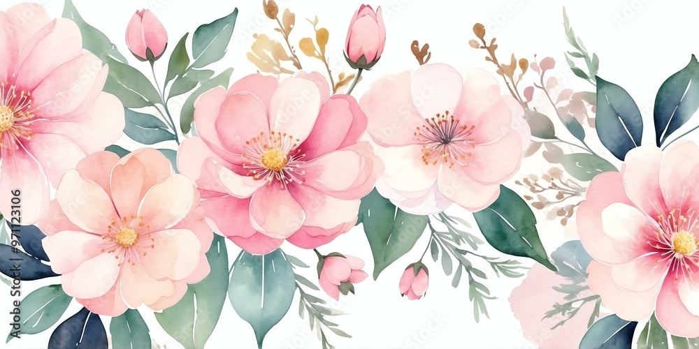 pretty pink theme flowers on pastel white background, concept for banner, watercolor style pretty pink theme flowers on pastel white background, concept for banner, watercolor style