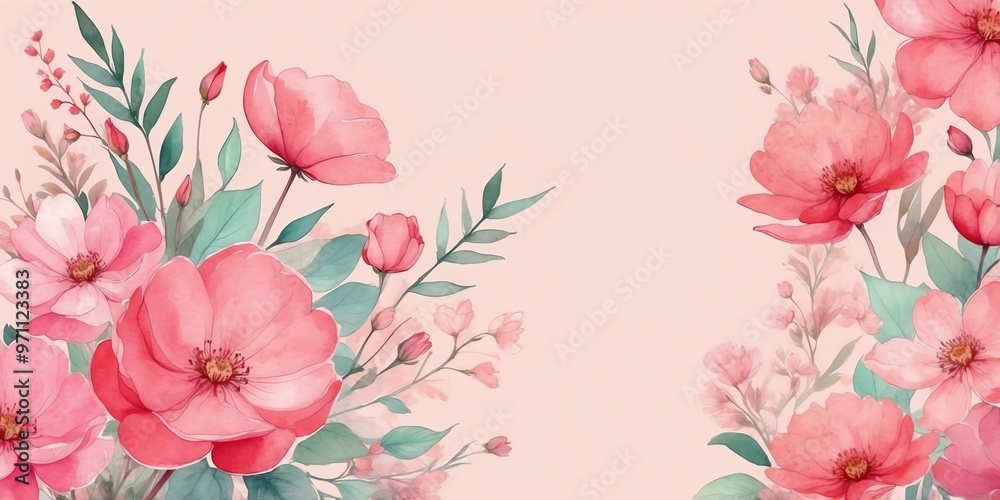 Fototapeta premium pretty pink theme flowers on pastel red background, concept for banner, watercolor style