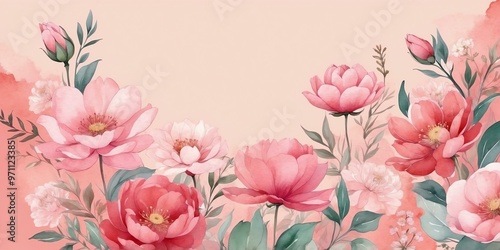 pretty pink theme flowers on pastel red background, concept for banner, watercolor style