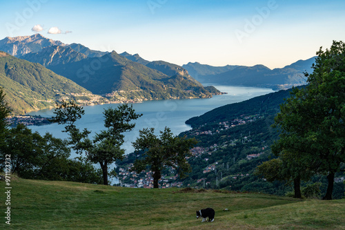 View of Lake Como, towards the south, from Musso, with the overhanging mountains, Dervio, the roads and the towns bordering the lake.
