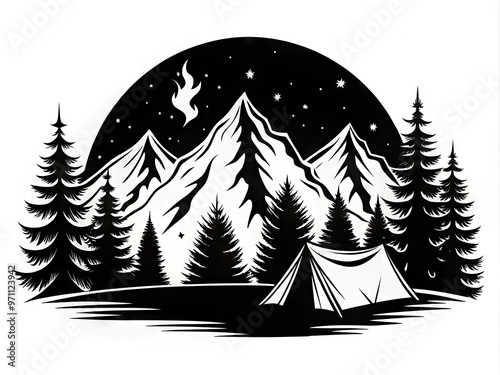 Silhouetted trees and stylized camp elements, including a tent, campfire, and mountains, in a minimalist black and white illustration of the great outdoors.