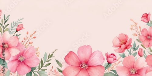 pretty pink theme flowers on pastel pink background, concept for banner, watercolor style