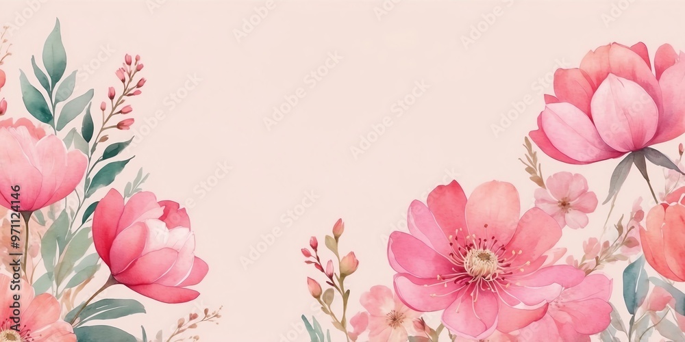 pretty pink theme flowers on pastel pink background, concept for banner, watercolor style
