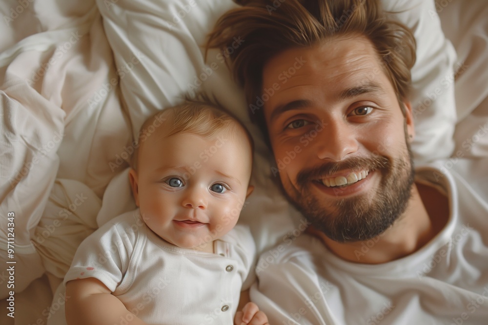 Fototapeta premium Happy father and smile baby lying in bed, full length top view