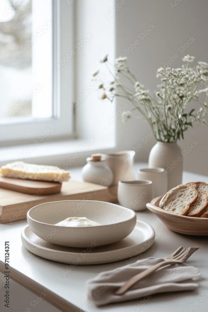 A serene breakfast setting with simple dishes, bread, and flowers on a table by a window. A serene breakfast setting with simple dishes, bread, and flowers on a table by a window.