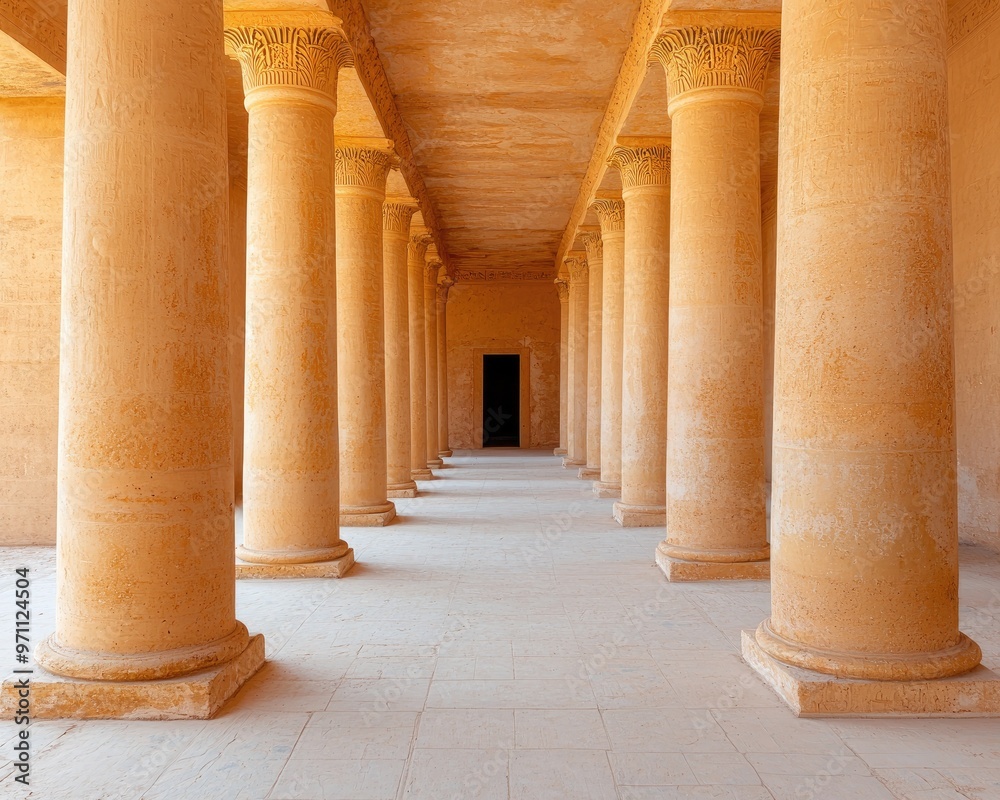 Fototapeta premium Serene corridor lined with ancient columns, showcasing architectural beauty and historical significance in warm tones.