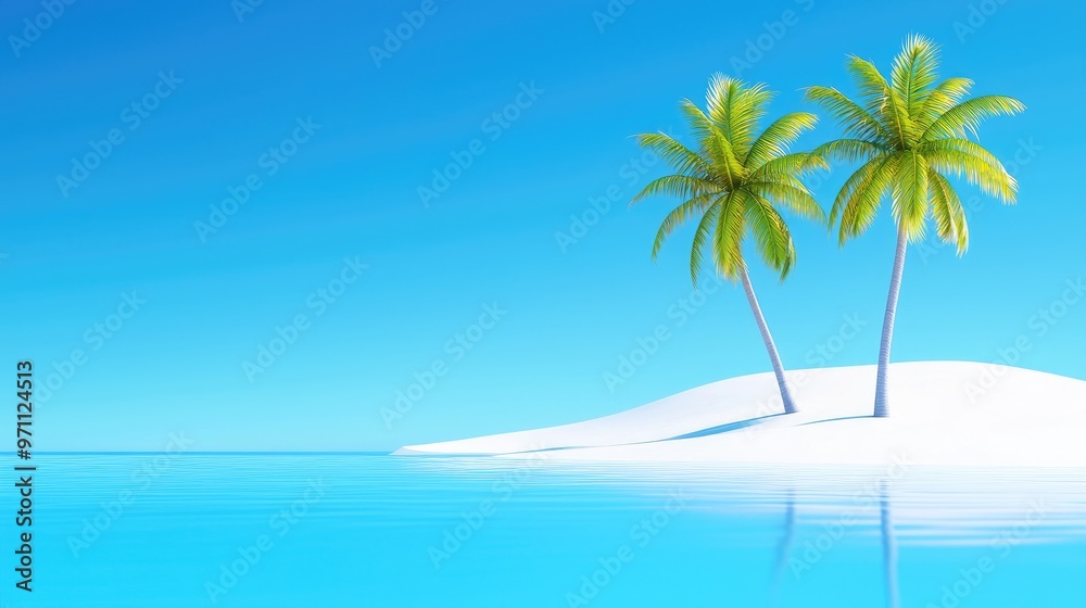 Fototapeta premium Serene tropical paradise with palm trees, crystal-clear water, and a bright blue sky, perfect for summer relaxation and getaway.