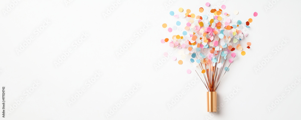 Colorful paper confetti bouquet in a modern vase on a minimalist white background, adding a touch of joy to any space. Colorful paper confetti bouquet in a modern vase on a minimalist white background, adding a touch of joy to any space.