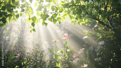 Sunbeams through the foliage illuminate a field of pink flowers.