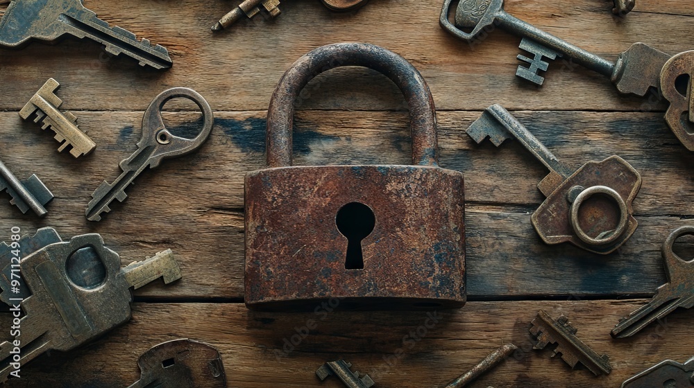 Rustic Padlock and Keys on Wooden Background with Scattered Old Lock Pieces. AI generated illustration Rustic Padlock and Keys on Wooden Background with Scattered Old Lock Pieces. AI generated illustration