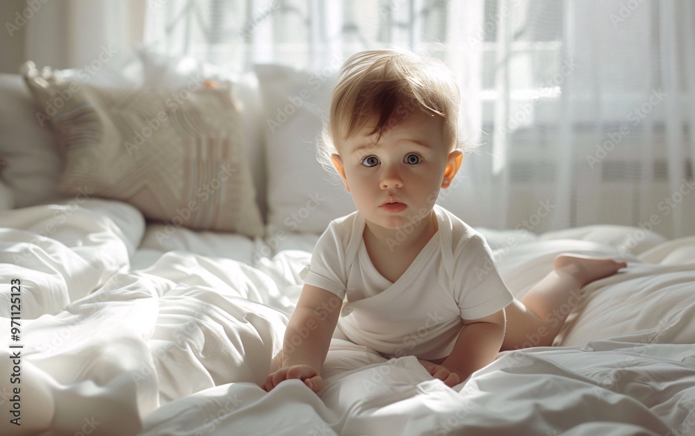 Baby boy in white sunny bedroom one years child relaxing Baby boy in white sunny bedroom one years child relaxing