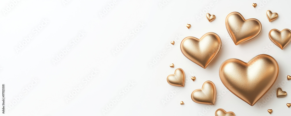 Obraz premium Elegant golden hearts arranged artfully on a white background, perfect for romantic and festive themes.