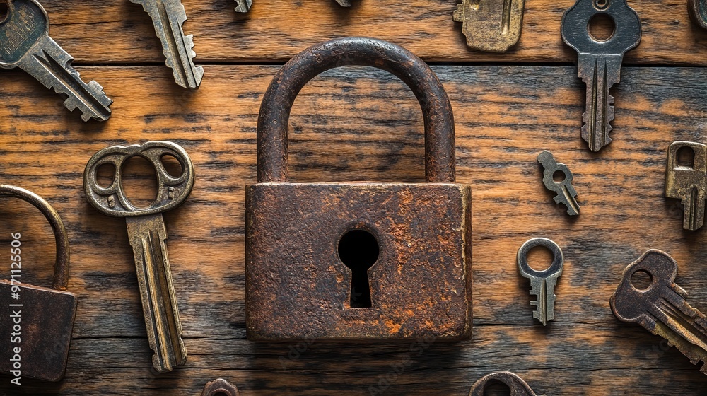 Rustic Padlock and Keys on Wooden Background with Scattered Old Lock Pieces. AI generated illustration Rustic Padlock and Keys on Wooden Background with Scattered Old Lock Pieces. AI generated illustration