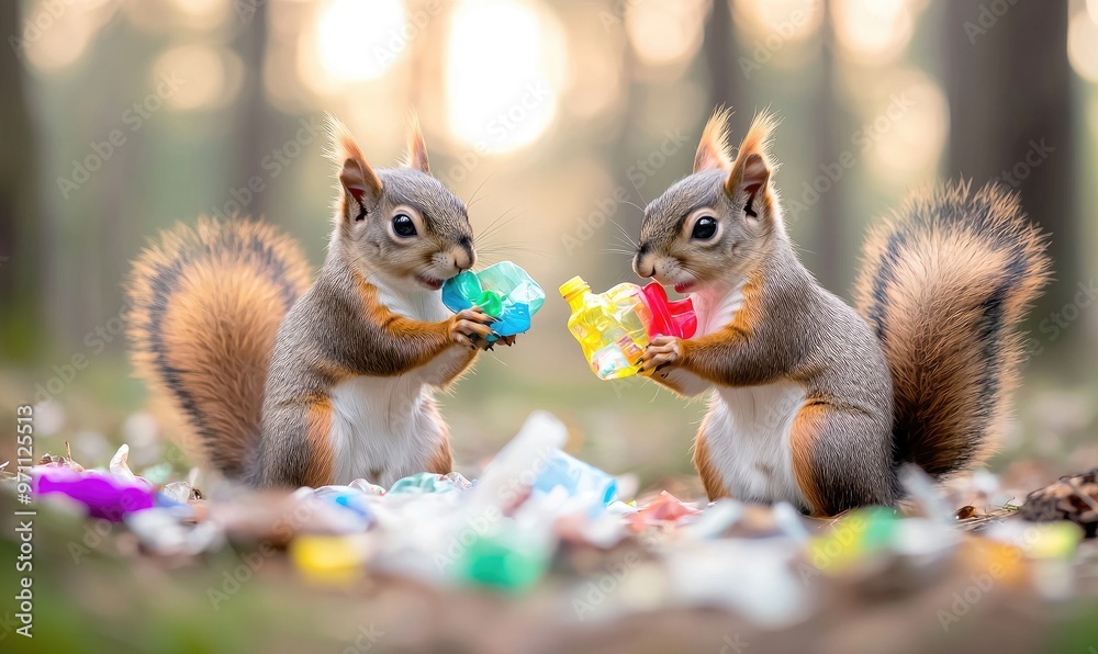 Two cheerful squirrels play with colorful wrappers in a vibrant forest setting, enjoying their playful moment. Two cheerful squirrels play with colorful wrappers in a vibrant forest setting, enjoying their playful moment.