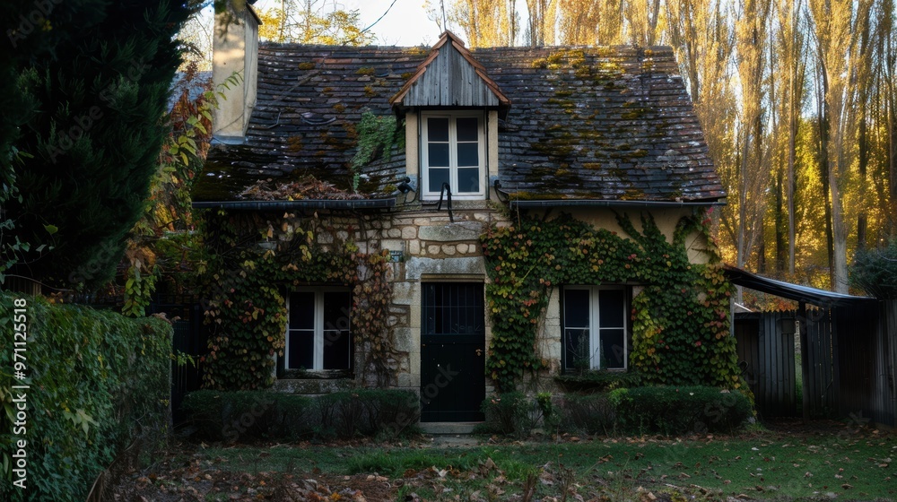 Charming stone house covered in vines in autumn forest Charming stone house covered in vines in autumn forest