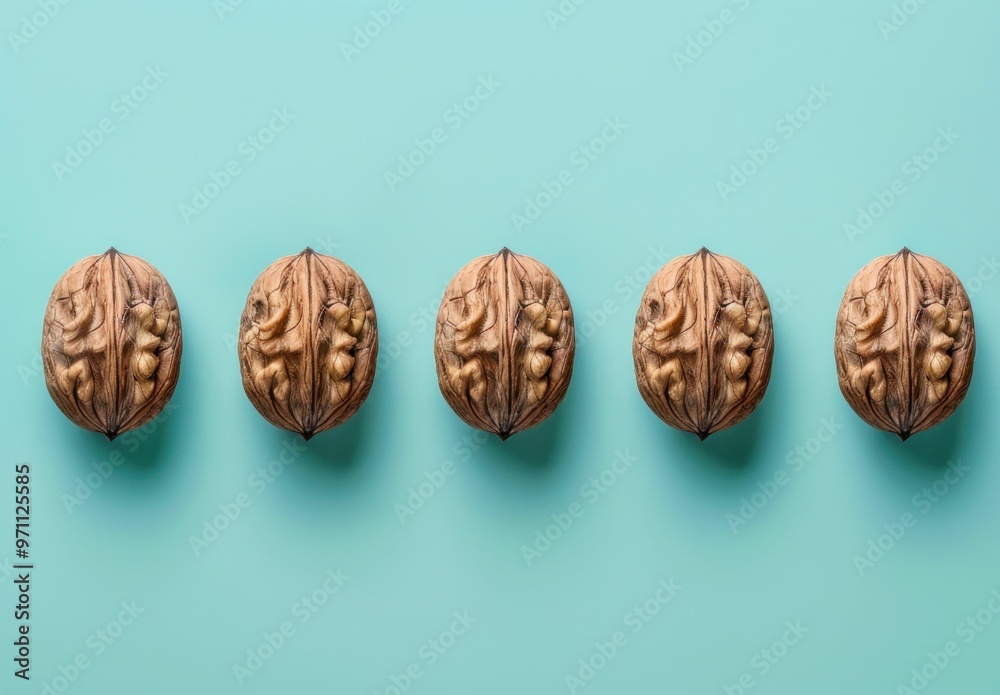 Five whole walnuts arranged neatly on a pastel turquoise background, showcasing their intricate texture and natural beauty Five whole walnuts arranged neatly on a pastel turquoise background, showcasing their intricate texture and natural beauty