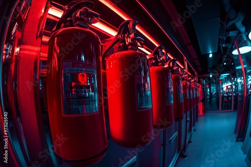 Wallpaper Mural Fire Extinguishers and Red Alarm in Skyscraper Interior with Safety and Protection Focus. AI generated illustration Torontodigital.ca