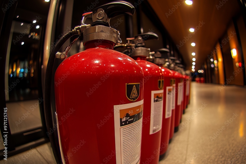 Fire Extinguishers and Red Alarm in Skyscraper Interior with Safety and Protection Focus. AI generated illustration
