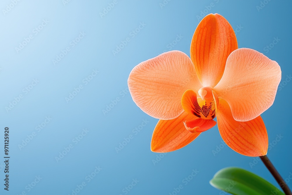Vibrant orange orchid flower against a soft blue background, perfect for adding elegance and color to any design or project. Vibrant orange orchid flower against a soft blue background, perfect for adding elegance and color to any design or project.