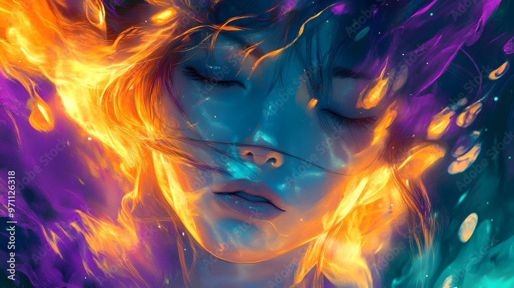 Fototapeta premium Captivating Ethereal Anime-Inspired Portrait in Warm and Cool Tones