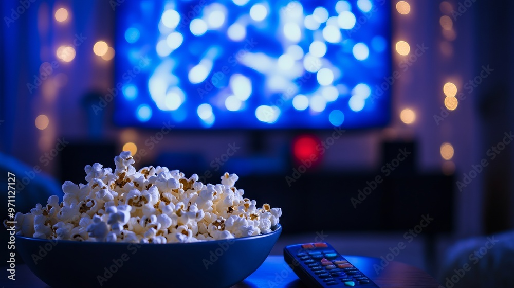 Popcorn and Remote Control on Table with Blurred Living Room Background and Blue Lights. AI generated illustration Popcorn and Remote Control on Table with Blurred Living Room Background and Blue Lights. AI generated illustration