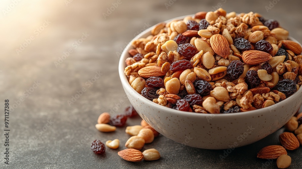 A bowl of granola mixed with nuts and dried fruits, perfect for a healthy snack or breakfast. A bowl of granola mixed with nuts and dried fruits, perfect for a healthy snack or breakfast.