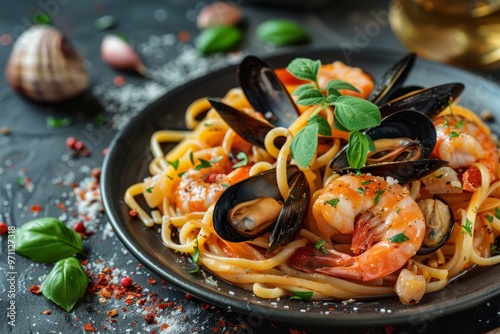Italian seafood pasta with mussels, clams, and shrimp