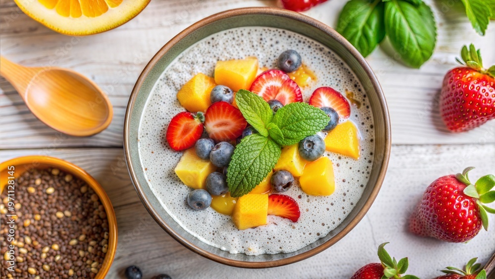 Chia pudding topped with fresh fruits and mint leaves in a bowl on a wooden table Chia pudding topped with fresh fruits and mint leaves in a bowl on a wooden table