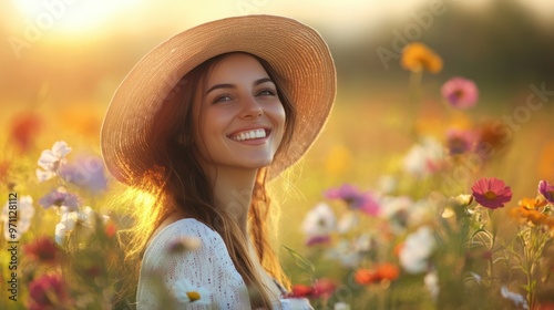 A woman in a field of flowers, captured smiling brightly while wearing a sunhat, with natural light all around