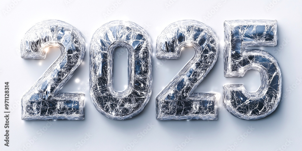 2025, crystal text over white background