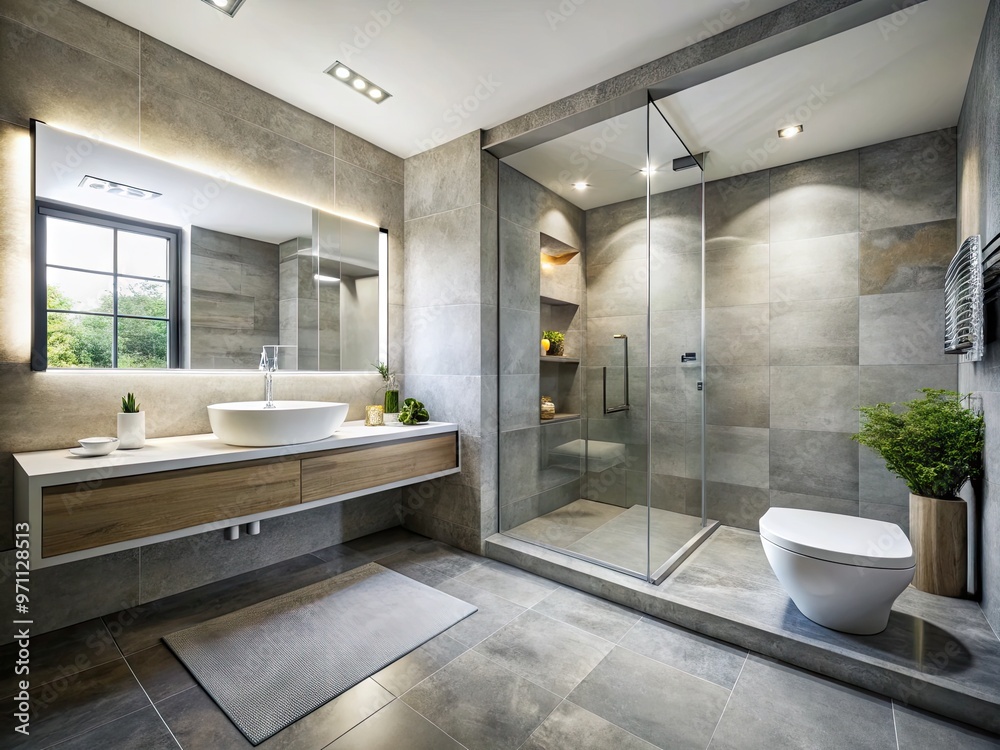 Sleek, modern bathroom features white walls, gray stone floors, and a wall-mounted sink, toilet, and shower, surrounded by natural light and airy ambiance. Sleek, modern bathroom features white walls, gray stone floors, and a wall-mounted sink, toilet, and shower, surrounded by natural light and airy ambiance.