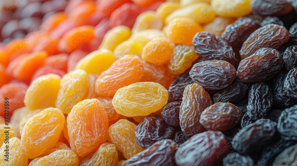 A close-up view of colorful raisins in various shades and textures, showcasing dried fruits. A close-up view of colorful raisins in various shades and textures, showcasing dried fruits.
