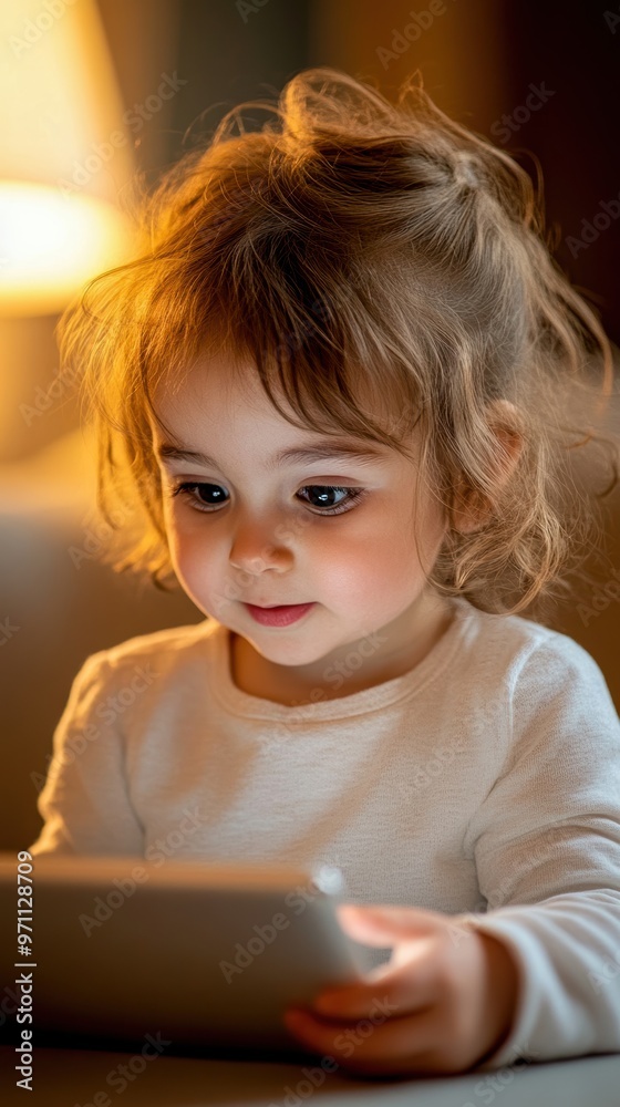A young child engages with a tablet, illuminated by soft ambient light, showcasing curiosity and focus in a cozy setting. A young child engages with a tablet, illuminated by soft ambient light, showcasing curiosity and focus in a cozy setting.