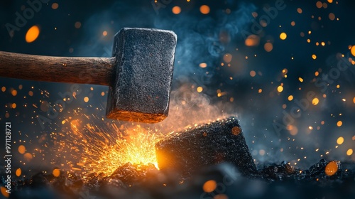 Blacksmith Hammering Iron with Sparks Flying in a Dramatic Action Scene. AI generated illustration