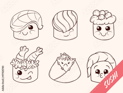 Adorable Collection of Cute Vector Sushi and Rolls: A delightful set of black and white vector illustrations perfect for your creative projects or packaging. Add a little whimsy to your design