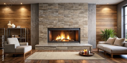 Sleek, modern fireplace with clean lines, simple stone surround, and warm, crackling flames, set against a neutral background, evoking a sense of cozy, understated elegance.