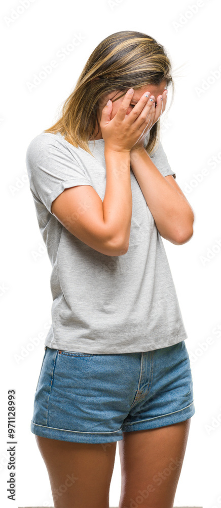Young beautiful woman over isolated background with sad expression covering face with hands while crying. Depression concept. Young beautiful woman over isolated background with sad expression covering face with hands while crying. Depression concept.