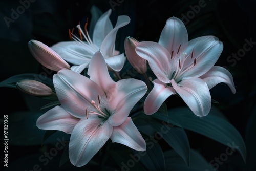 Soft pink lilies blooming gracefully against a dark background with lush green leaves, creating a serene and elegant atmosphere