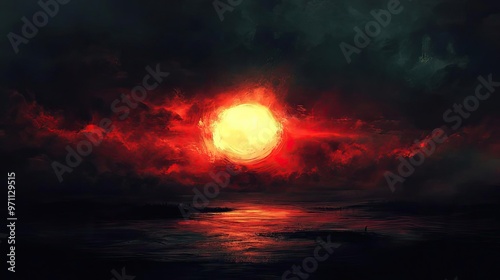 A dramatic sunset reflecting vibrant red and orange hues across a calm sea, enveloped by dark, moody clouds.