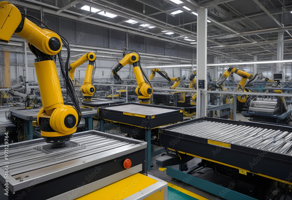 A factory with robot machinery arm. A factory with robot machinery arm.