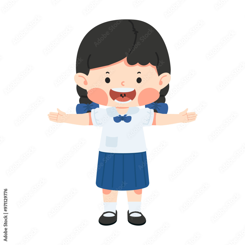 Girl Thai Student standing with raised hands Girl Thai Student standing with raised hands