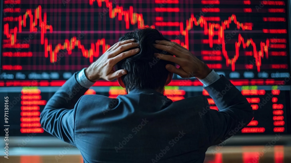 Person anxiously monitoring online stock market fluctuations, financial stress, stress online Person anxiously monitoring online stock market fluctuations, financial stress, stress online