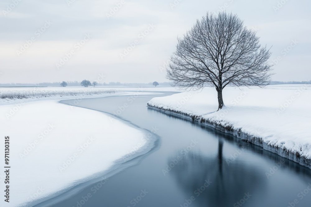 Solitary Tree by a Winding River in a Snowy Landscape Solitary Tree by a Winding River in a Snowy Landscape