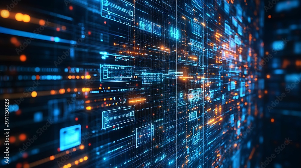Futuristic Telecommunication Technology in Layered Network Diagrams Abstract Background Futuristic Telecommunication Technology in Layered Network Diagrams Abstract Background