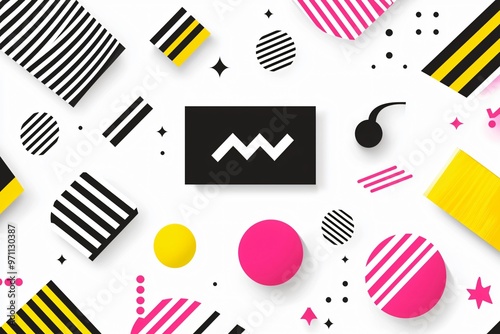 Abstract Geometric Pattern with Black, White, Pink, and Yellow