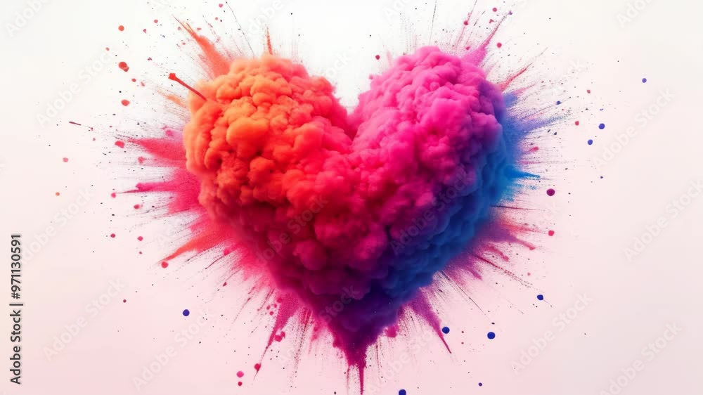 Heart shaped powder paint explosion symbolizing bright Valentine's Day, bright and dynamic animation